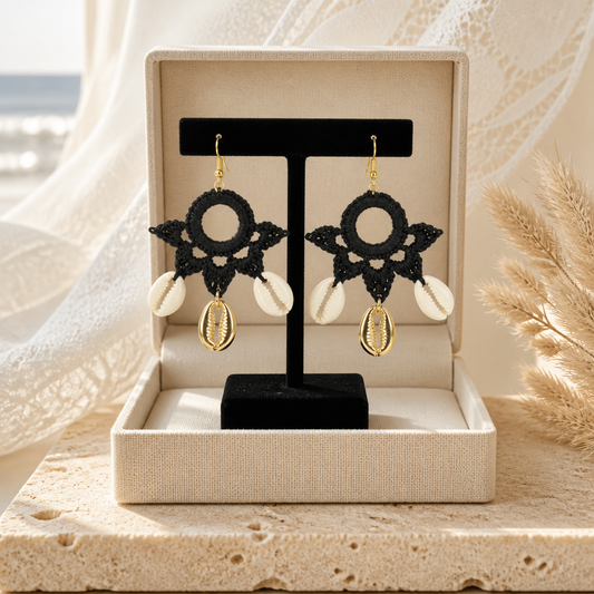 "Summer Vibes" Earrings - Black Color with Gold & Natural Shells