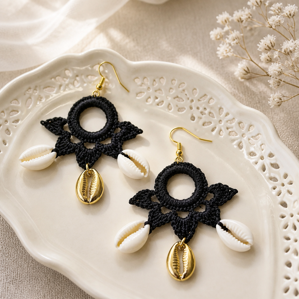 "Summer Vibes" Earrings - Black Color with Gold & Natural Shells