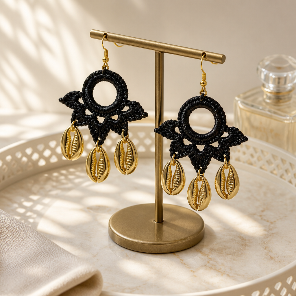 "Summer Vibes" Earrings - Black Color & Gold Shells