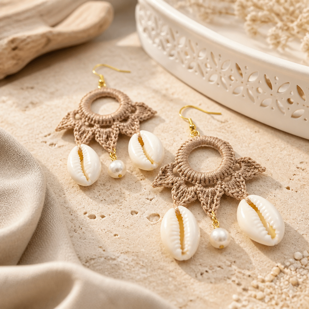 "Summer Vibes" Earrings - Sand Color with Freshwater Pearls & Natural Shells