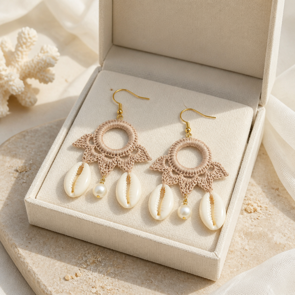"Summer Vibes" Earrings - Sand Color with Freshwater Pearls & Natural Shells
