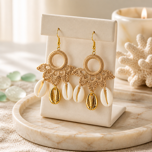 "Summer Vibes" Earrings - Sand color with gold and natural shells