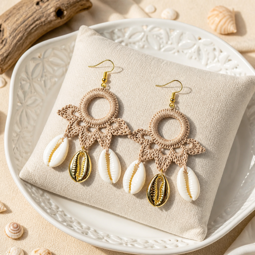 "Summer Vibes" Earrings - Sand color with gold and natural shells