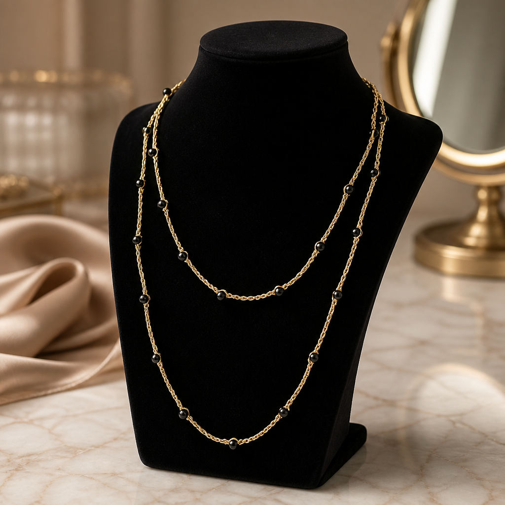 "CAVALLETTA"- NECKLACE - GOLD WITH BLACK CRYSTALS- LONG
