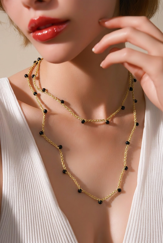 "CAVALLETTA"- NECKLACE - GOLD WITH BLACK CRYSTALS- LONG