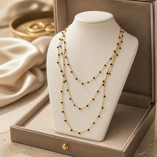 "CAVALLETTA"- NECKLACE - GOLD WITH BLACK CRYSTALS- SUPER LONG