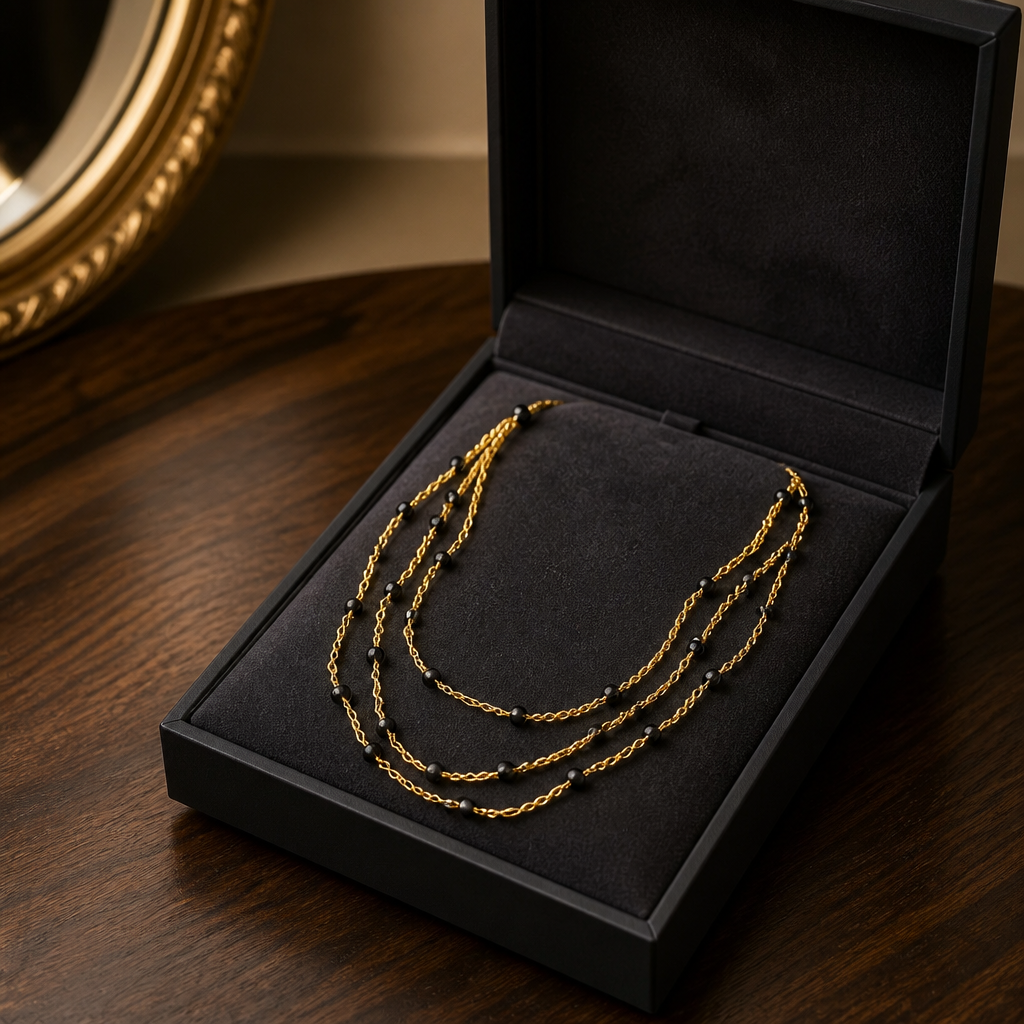 "CAVALLETTA"- NECKLACE - GOLD WITH BLACK CRYSTALS- TRIPLE CHOKER