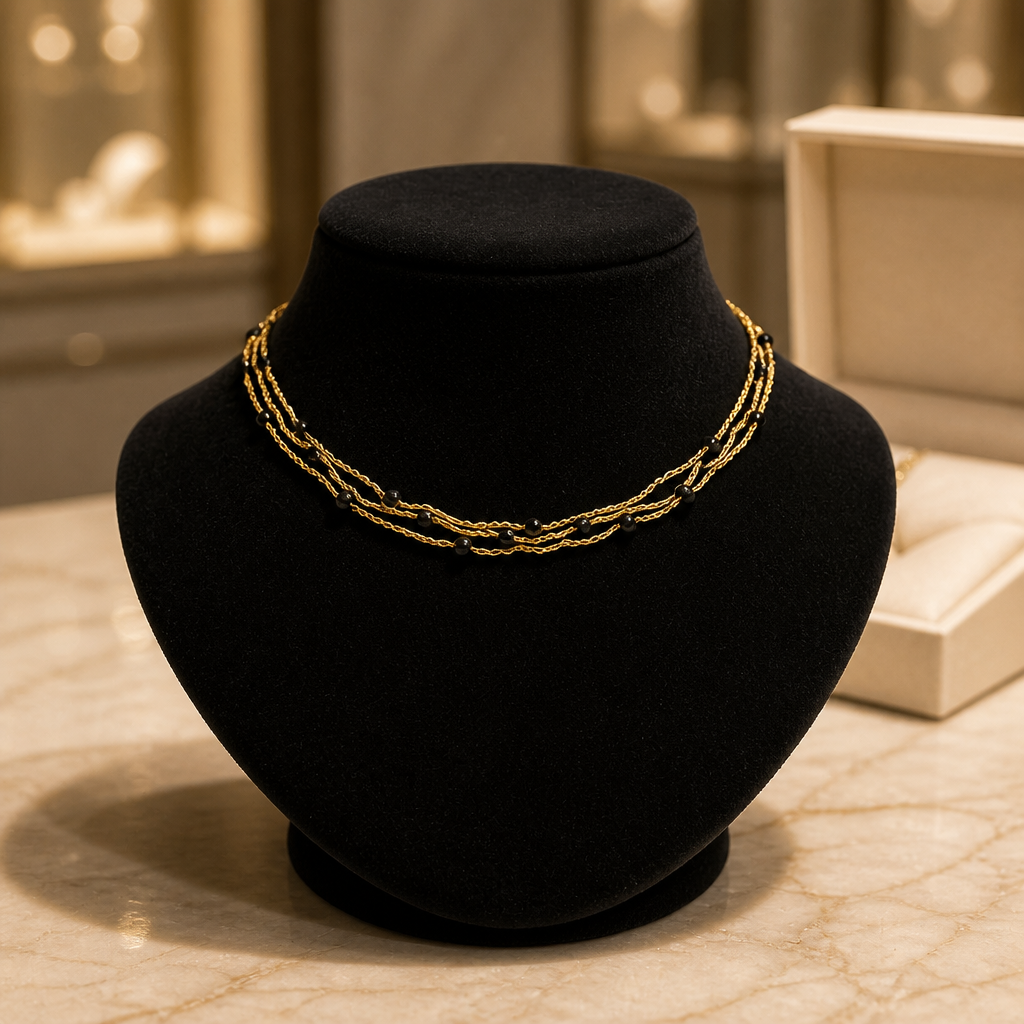 "CAVALLETTA"- NECKLACE - GOLD WITH BLACK CRYSTALS- TRIPLE CHOKER