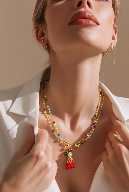 "SOGNO D'ORO"- NECKLACE - GOLD WITH MULTICOLOR CRYSTALS AND TASSEL