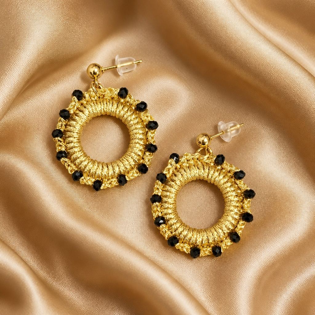 "Crystal My World" Earrings - Round - Stud - Gold with Black Crystals