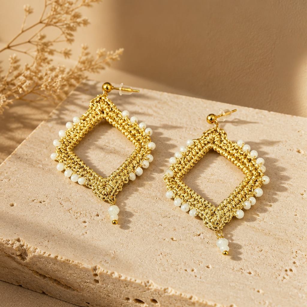 "Crystal My World" Earrings - Square - Stud - Gold with White Crystals