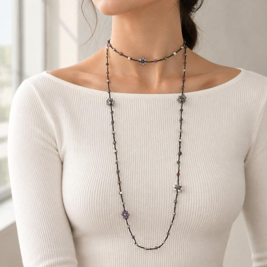 "DAISY" – Necklace – BLACK WITH PURPLE CRYSTALS