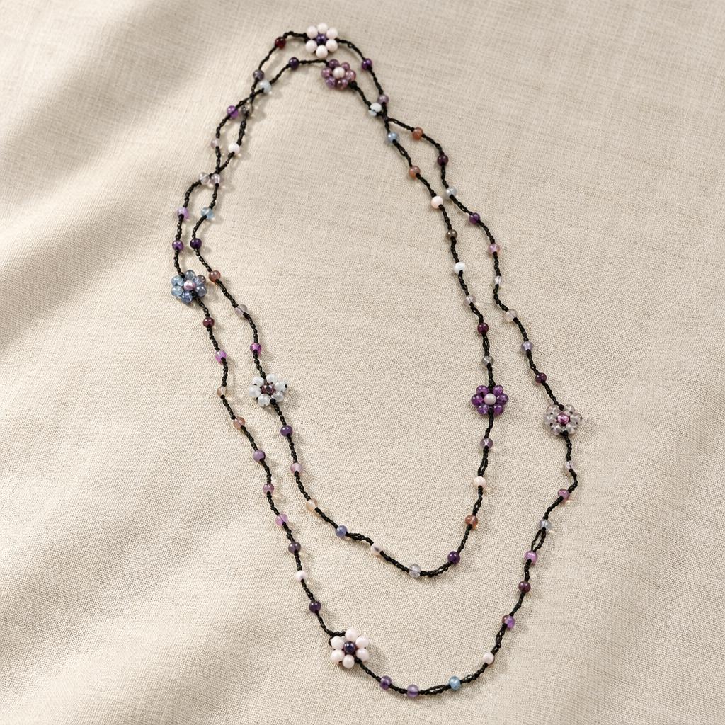"DAISY" – Necklace – BLACK WITH PURPLE CRYSTALS