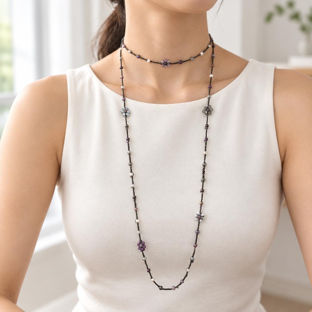 "DAISY" – Necklace – BLACK WITH PURPLE CRYSTALS