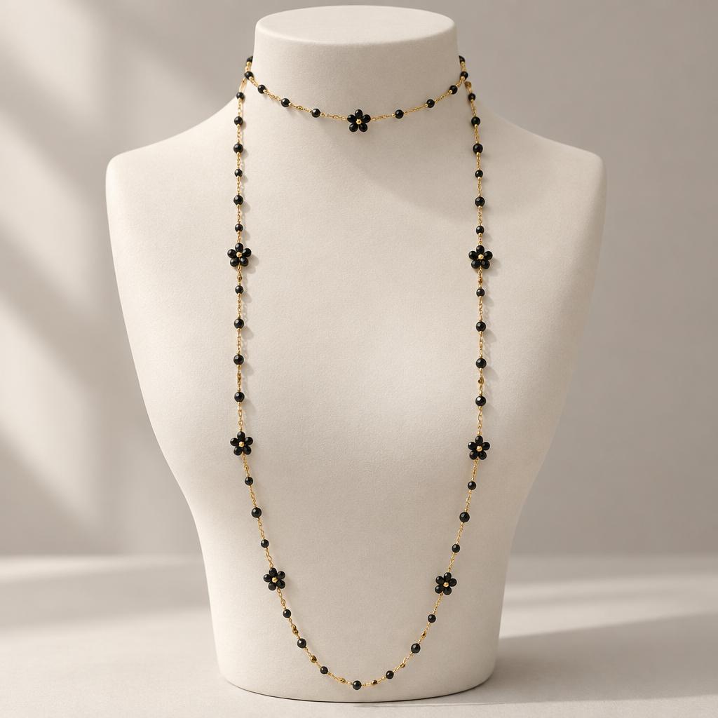 "DAISY" – Necklace – GOLDEN WITH BLACK CRYSTALS