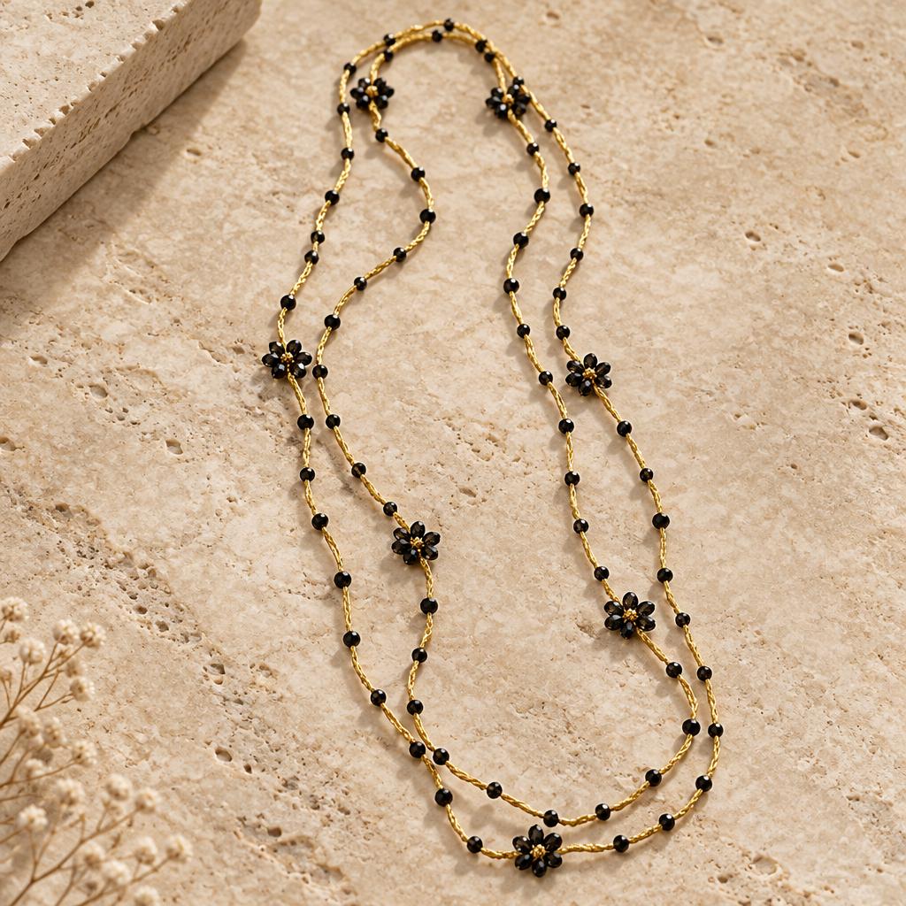 "DAISY" – Necklace – GOLDEN WITH BLACK CRYSTALS
