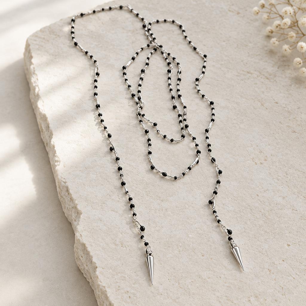 "SALOME" –  Open Necklace – SILVER WITH BLACK CRYSTALS