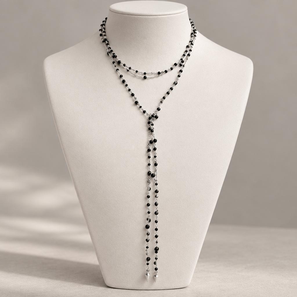 "SALOME" –  Open Necklace – SILVER WITH BLACK CRYSTALS
