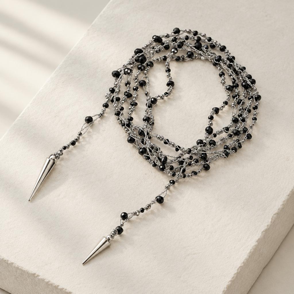"SALOME" –  Open Necklace – SILVER WITH BLACK CRYSTALS