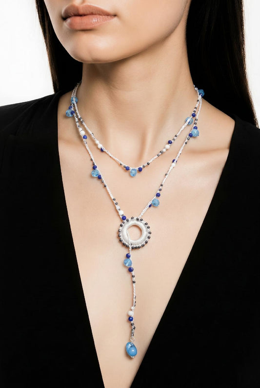 "SOGNO D'ARGENTO"- NECKLACE - LIGHT SILVER WITH  CRYSTALS AND BLUE HEART