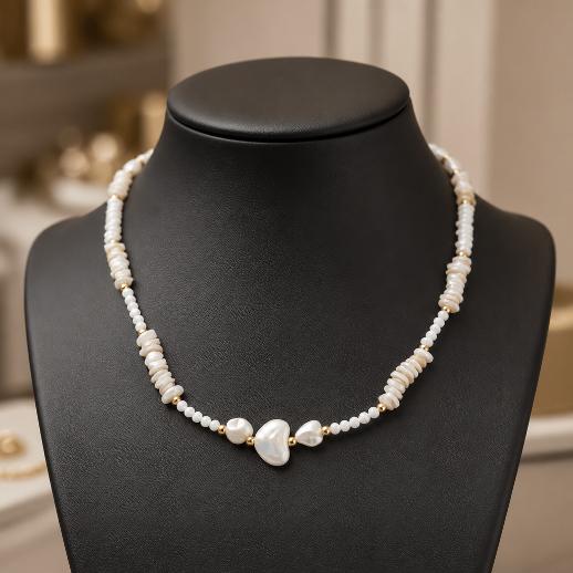 "SUMMER VIBE" Necklace – Gold with white shells and heart