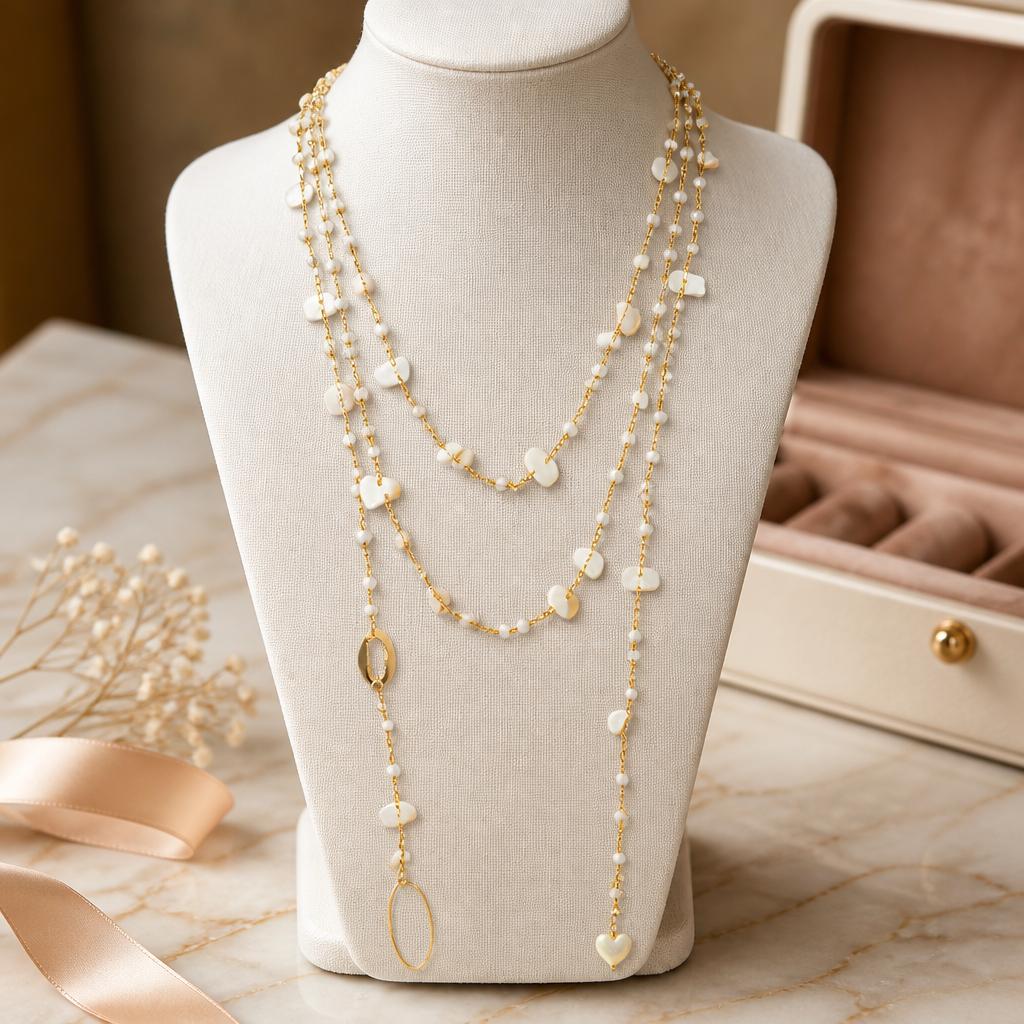 "SOGNO D'ORO"- NECKLACE - GOLD WITH  CRYSTALS AND  SHELLS