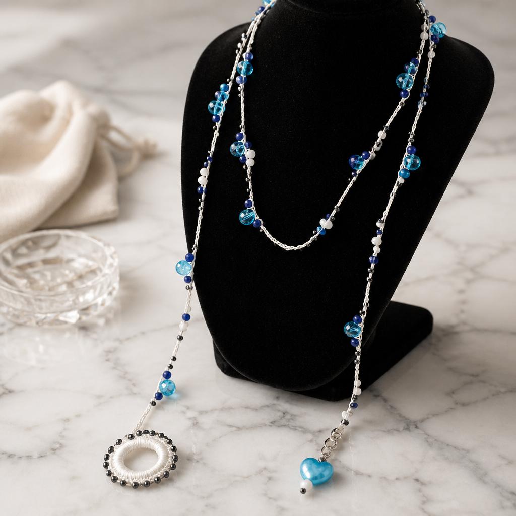 "SOGNO D'ARGENTO"- NECKLACE - LIGHT SILVER WITH  CRYSTALS AND BLUE HEART