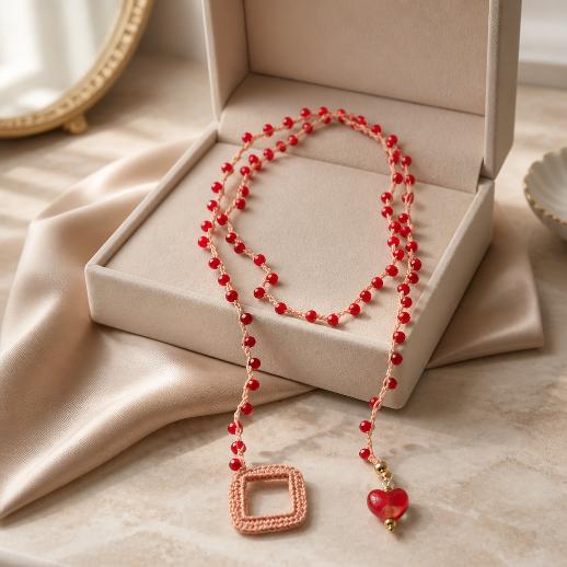 "SOGNO D'ORO"- NECKLACE - PINK GOLD WITH  CRYSTALS AND RED HEART